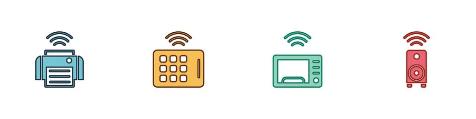 Set Smart printer, Wireless tablet, microwave oven and stereo speaker icon Stock Illustration