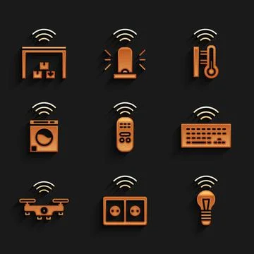 Set Smart remote control, electrical outlet, light bulb, Wireless keyboard Stock Illustration