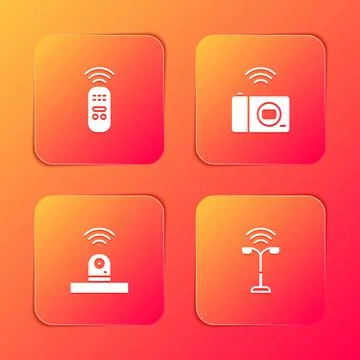 Set Smart remote control, photo camera, security and street light icon. Vector Stock Illustration
