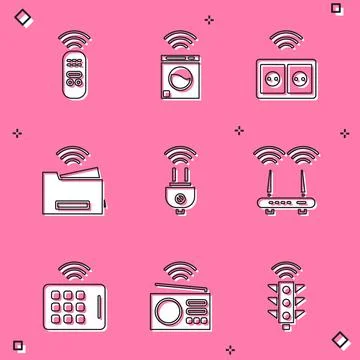 Set Smart remote control, washer, electrical outlet, printer, plug, Router and Illustrazione stock