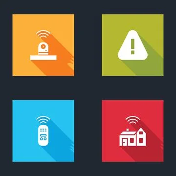 Set Smart security camera, Exclamation mark in triangle, remote control and home Stock Illustration