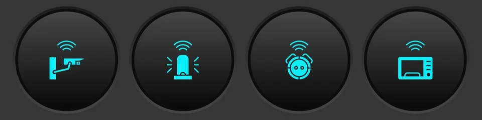 Set Smart security camera, flasher siren, Robot vacuum cleaner and microwave Stock Illustration