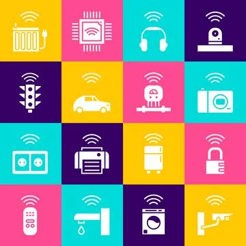 Set Smart security camera, safe combination lock, photo, headphones, car system Stock Illustration