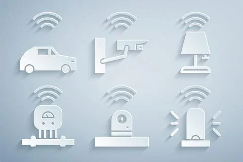 Set Smart security camera, table lamp, sensor, flasher siren, and car system Stock Illustration