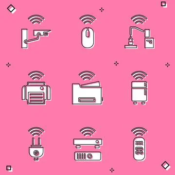 Set Smart security camera, Wireless mouse, Robotic robot arm hand factory Stock Illustration