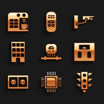 Set Smart sensor, Processor with microcircuits CPU, Traffic light, Bathroom Stock Illustration