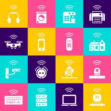 Set Smart sensor, security camera, home with wireless, coffee machine, Wireless Stock Illustration