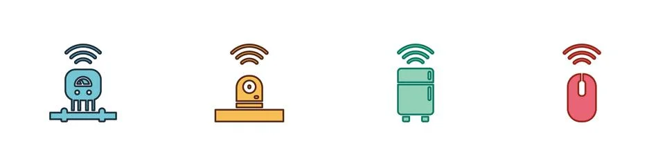 Set Smart sensor, security camera, refrigerator and Wireless mouse icon. Vector Illustrazione stock