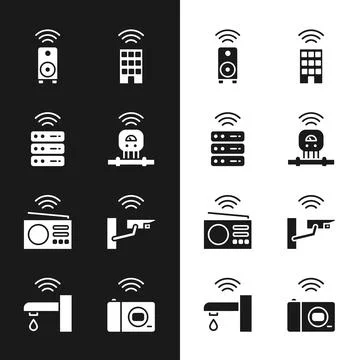 Set Smart sensor, server, stereo speaker, home with wireless, radio, security Illustrazione stock
