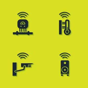 Set Smart sensor, stereo speaker, security camera and thermometer icon. Vector Stock Illustration