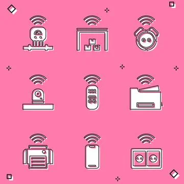 Set Smart sensor, warehouse, Robot vacuum cleaner, security camera, remote .. Stock Illustration