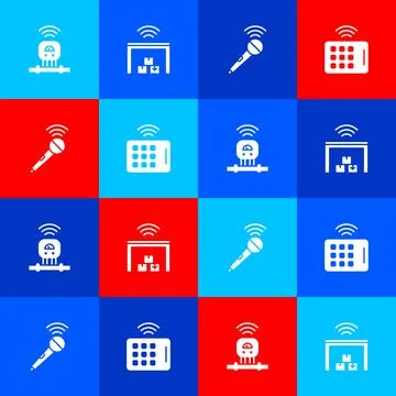 Set Smart sensor, warehouse, Wireless microphone and tablet icon. Vector Stock Illustration