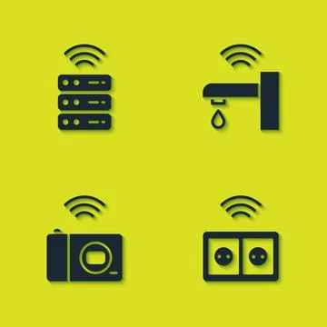 Set Smart server, electrical outlet, photo camera and water tap icon. Vector Illustrazione stock