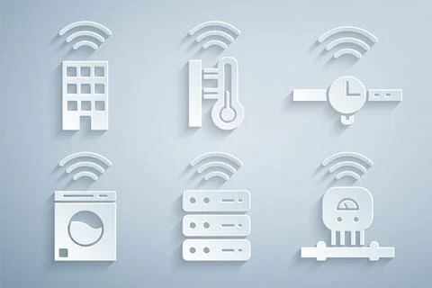 Set Smart server, Smartwatch, washer, sensor, thermometer and home with wireless Stock Illustration