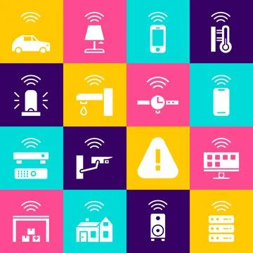 Set Smart server, Tv system, Wireless smartphone, water tap, flasher siren,.. Stock Illustration