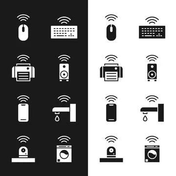Set Smart stereo speaker, printer, Wireless mouse, keyboard, smartphone, water Stock Illustration