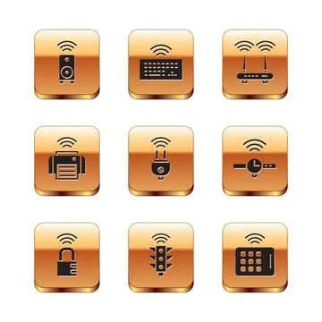 Set Smart stereo speaker, safe combination lock, traffic light, electric plug Stock Illustration