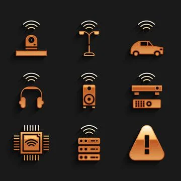 Set Smart stereo speaker, server, Exclamation mark in triangle, Wireless TV box Stock Illustration