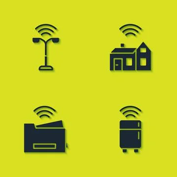 Set Smart street light, refrigerator, printer and home with wireless icon Stock Illustration
