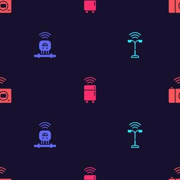 Set Smart street light, sensor, refrigerator and photo camera on seamless Stock Illustration