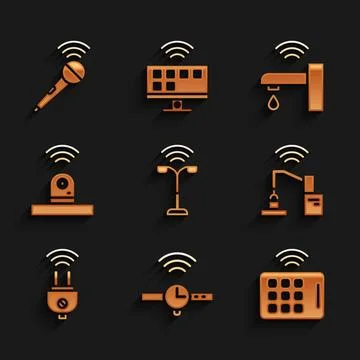 Set Smart street light, Smartwatch, Wireless tablet, Robotic robot arm hand.. Stock Illustration