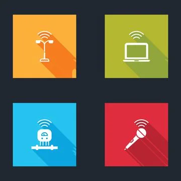 Set Smart street light, Wireless laptop, sensor and microphone icon. Vector Stock Illustration