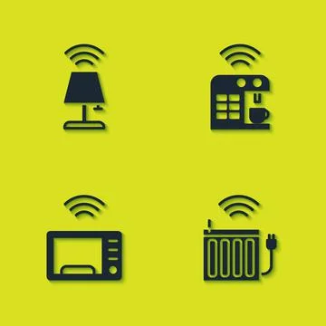 Set Smart table lamp, heating radiator, microwave oven and coffee machine icon Stock Illustration