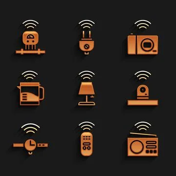 Set Smart table lamp, remote control, radio, security camera, Smartwatch Stock Illustration