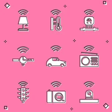 Set Smart table lamp, thermometer, sensor, Smartwatch, car system with wireless Stock Illustration