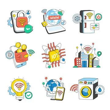 Set of Smart Technology and Devices Doodle Icons Stock Illustration