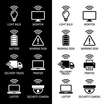 Set of smart technology icons with Wi-Fi signal, including light bulb, moni.. Stock Illustration