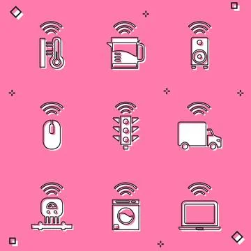 Set Smart thermometer, electric kettle, stereo speaker, Wireless mouse, tra.. Stock Illustration