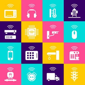 Set Smart traffic light, coffee machine, Wireless mouse, thermometer, Processor Stock Illustration