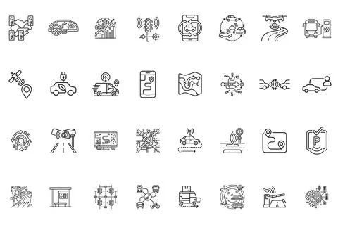 Set of smart transportation and autonomous vehicle line icons Illustration