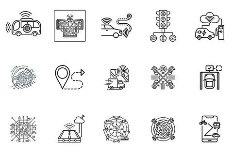 Set of smart transportation and autonomous vehicle icons Stock Illustration