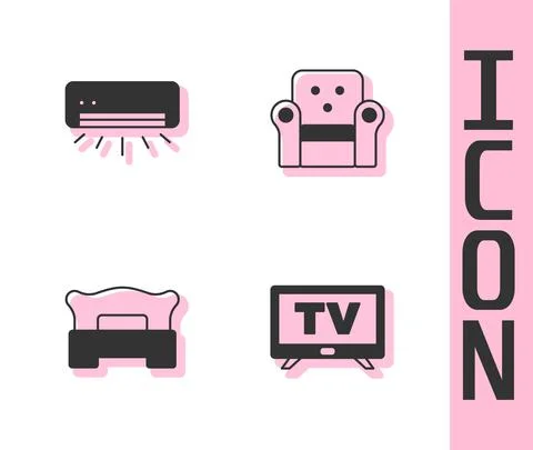 Set Smart Tv, Air conditioner, Bedroom and Armchair icon. Vector Illustrazione stock