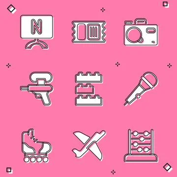 Set Smart Tv, Circus ticket, Photo camera, Water gun, Toy building block bricks Ilustración de archivo