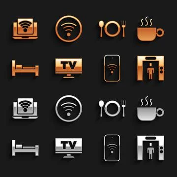 Set Smart Tv, Coffee cup, Lift, Mobile with wi-fi wireless, Hotel room bed Stock Illustration