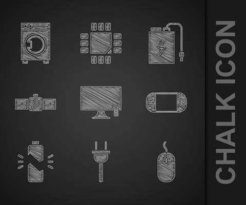Set Smart Tv, Electric plug, Computer mouse, Portable video game console, Broken Stock Illustration