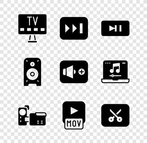 Set Smart Tv, Fast forward, Pause button, Cinema camera, MOV file, Music video Stock Illustration