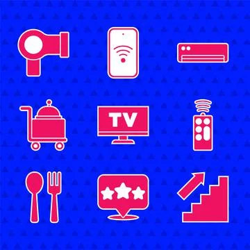 Set Smart Tv, Five stars rating review, Stairs up, Remote control, Fork and Illustrazione stock