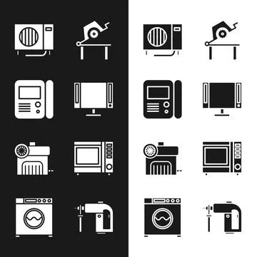 Set Smart Tv, House intercom system, Air conditioner, Table saw for woodwork Illustrazione stock