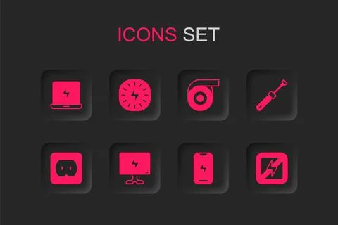 Set Smart Tv, Lightning bolt, Laptop, Mobile phone, Screwdriver, No lightni.. Stock-Illustration