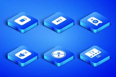 Set Smart Tv, Play video button, Mute microphone, Speaker mute, Pause and Stereo Stock Illustration