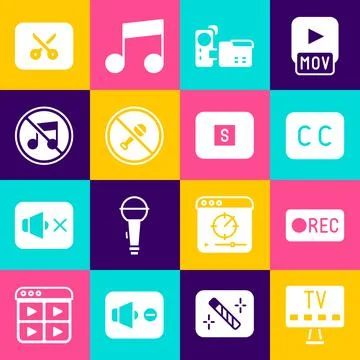 Set Smart Tv, Record button, Subtitles, Cinema camera, Mute microphone, Speaker Stock Illustration