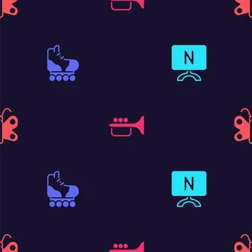 Set Smart Tv, Roller skate, Trumpet and Butterfly on seamless pattern. Vector 스톡 일러스트