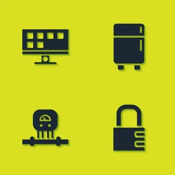 Set Smart Tv, Safe combination lock, sensor and Refrigerator icon. Vector 스톡 일러스트