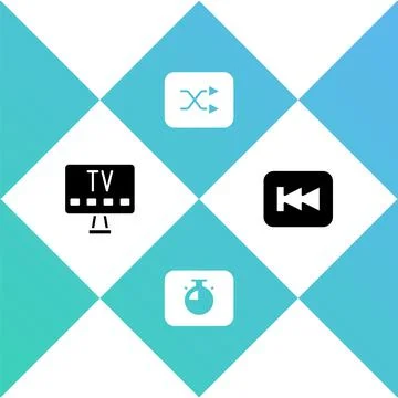 Set Smart Tv, Stopwatch, Arrow shuffle and Rewind button icon. Vector Illustrazione stock