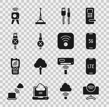Set Smart Tv system, LTE network, Mobile with 5G, USB cable cord, No audio .. Stock Illustration