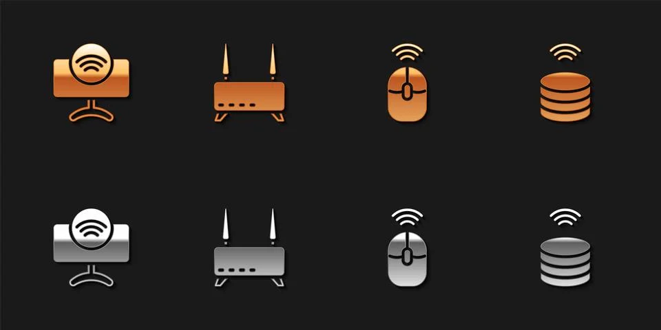 Set Smart Tv system, Router and wi-fi signal, Wireless computer mouse and d.. Illustrazione stock